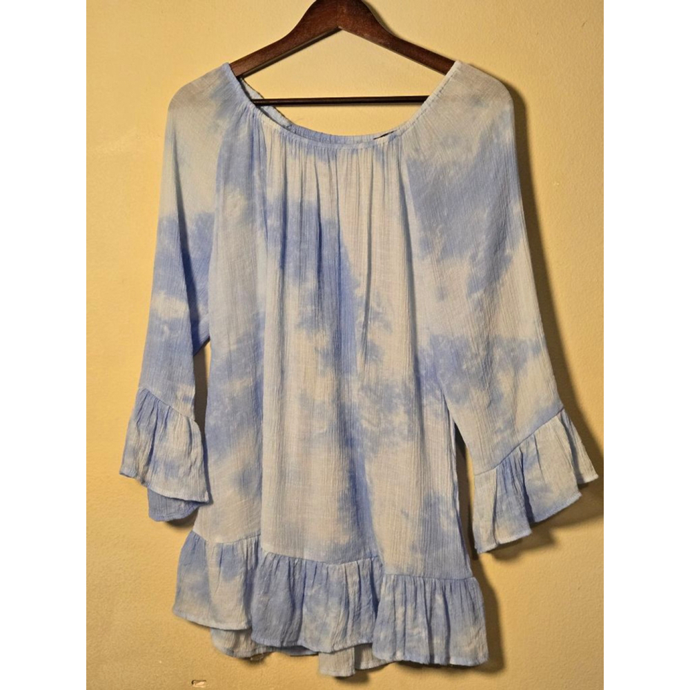 Women's HANNAH Blue White Tie-Dye Boho Tunic Top 1X - Picture 3 of 4